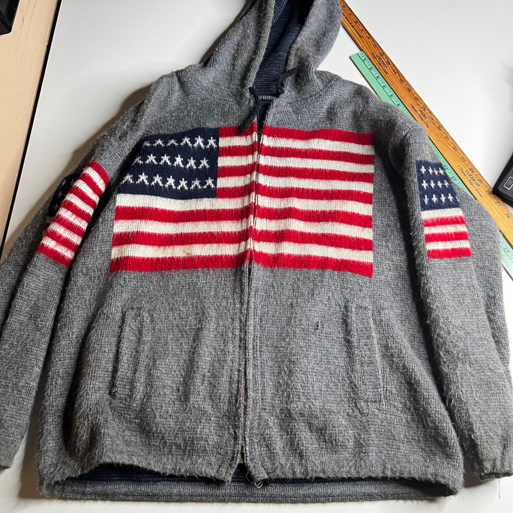 Ruminahui Wool Full Zip Hoodie American Flag USA Knit Sweater Gray Large